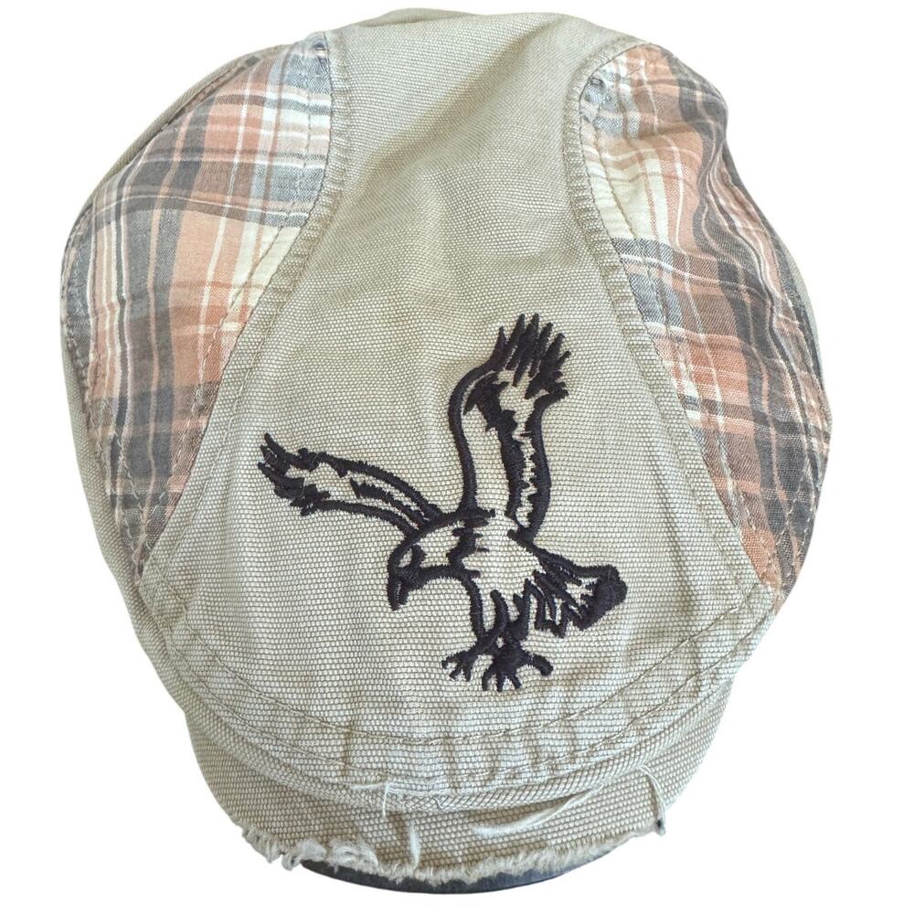 American Eagle Newsboy Hat – Plaid Patchwork Embroidered Eagle Logo – Y2K Vtg